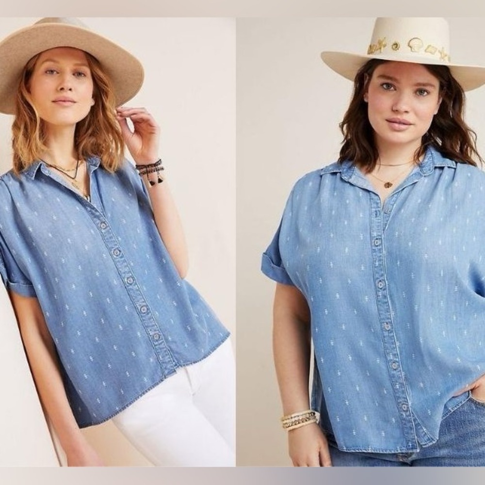 Anthropologie Cloth and Stone Denim Blue Patterned Button-Up Short Sleeve Shirt